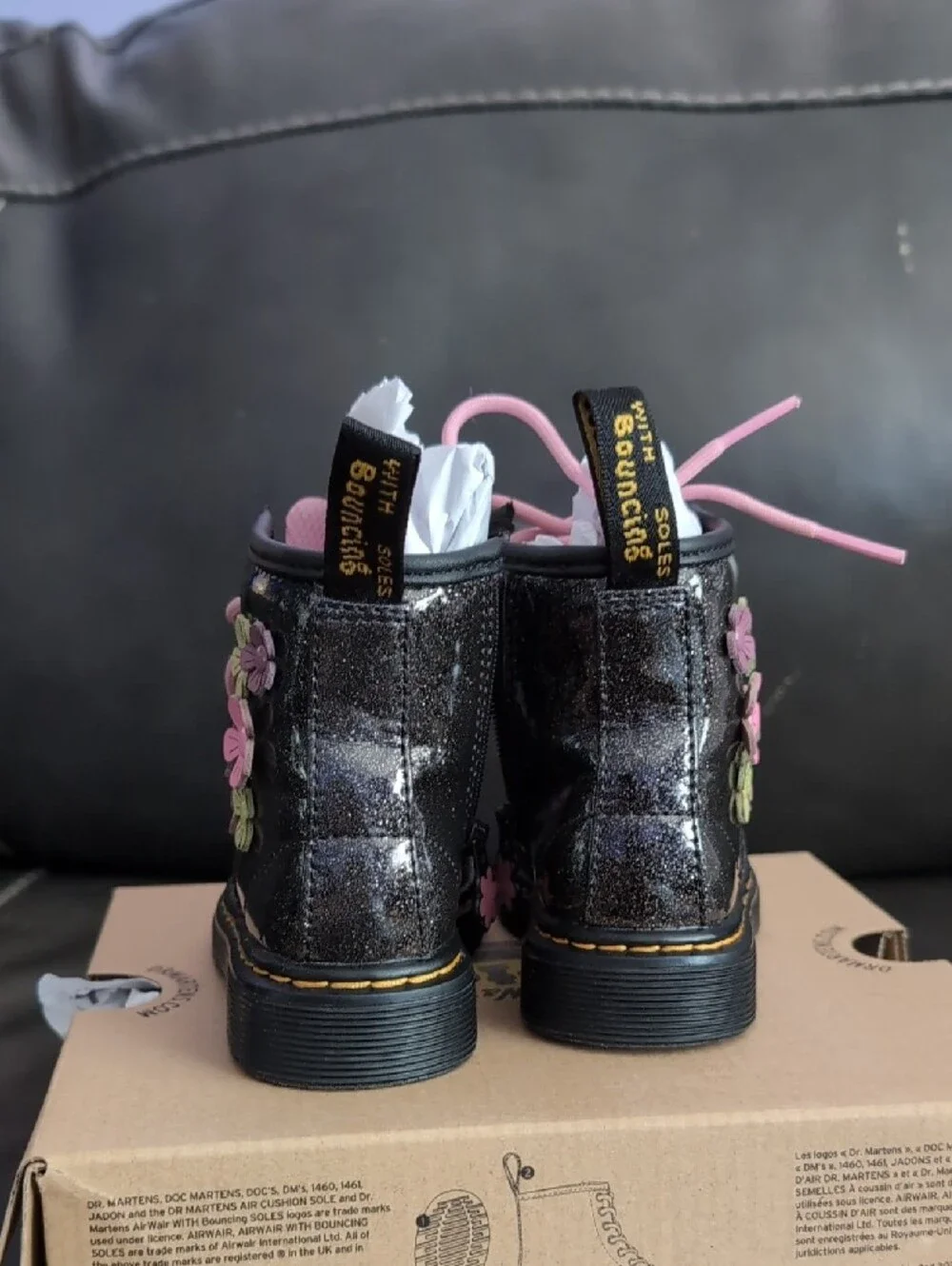 Dr. Martens Kids Black Glitter Lace-Up Boots with Pink Floral Accents